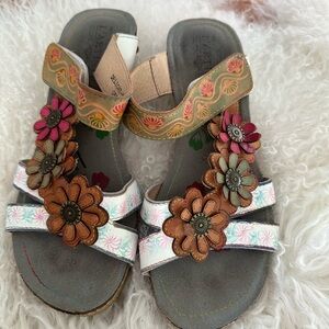 Spring Step Leather Sandals with Floral Accents